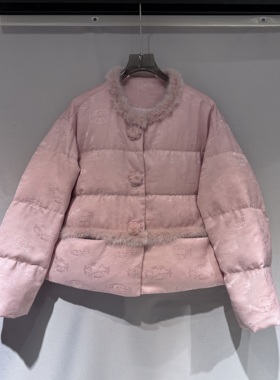 欧洲站2025冬季新款水貂毛圆领提花小个子短款保暖白鹅绒服15152