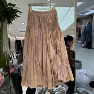 欧洲站2026春季 松紧腰烫金提花百搭大裙摆粉色女士半裙26312 新款