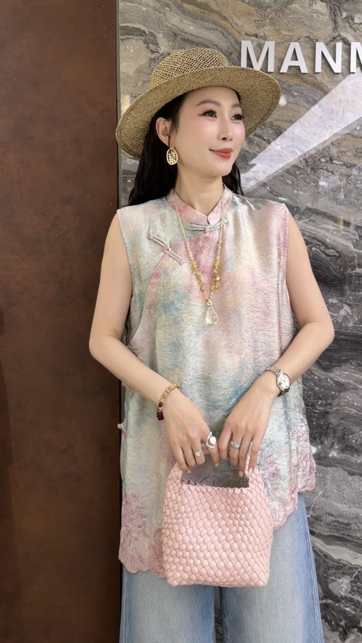 欧洲站2026夏季新款欧货立领无袖晕染花色宽松显瘦百搭女士上衣潮