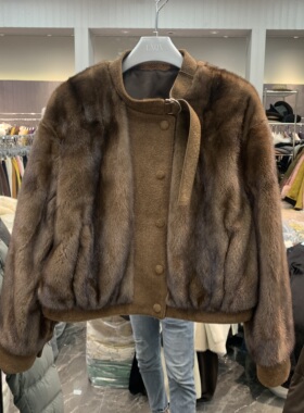 欧洲站2025冬季新款圆领飘带轻熟风羊皮革百搭短款水貂皮草25952