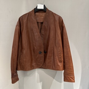 绵羊皮外套26001 V领两粒扣百搭小众设计感短款 欧洲站2026春季 新款