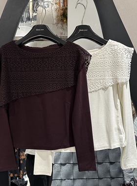 欧洲站2025秋冬新款圆领蕾丝披肩甜美风钩花纯色女士T恤衫28116潮