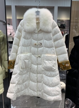 欧洲站2025冬季新款水貂毛翻领重工提花中长款白鹅绒服外套25859