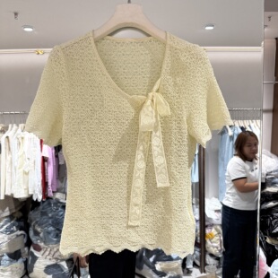 衬衫 领绑带蝴蝶结显瘦淑女风蕾丝短袖 潮268012 新款 欧洲站2026春季