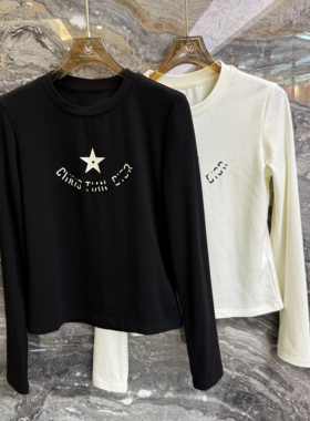 欧洲站2025冬季新款圆领字母刺绣宽松百搭长袖T恤女士打底衫71530