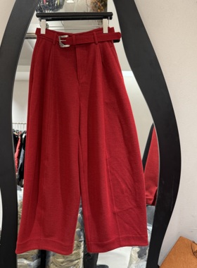 欧洲站2025秋冬新款高腰皮带款显瘦百搭休闲羊毛弯刀阔腿裤22005