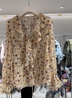 欧洲站2026夏季新款V领荷叶边撞色印花显瘦气质高级感衬衫女Q605