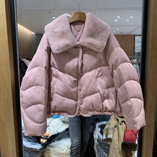 鹅绒服外套2558 水貂毛翻领单排扣宽松显瘦短款 欧洲站2025冬季 新款