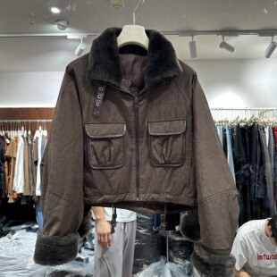 可可家欧货2026冬款羊剪绒领口百搭保暖皮毛一体鹅绒服外套女2609