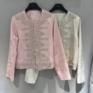 欧洲站2026春节新款 复古宫廷风钉钻图案百搭复古粉色外套女潮6008