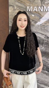 欧洲站2026夏季新款欧货短袖下摆刺绣丝绒小版百搭女士衬衫潮8979