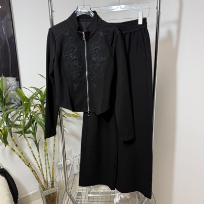 欧洲站2026春季新款立领蕾丝绣花拉链款上衣阔腿裤两件套女16515