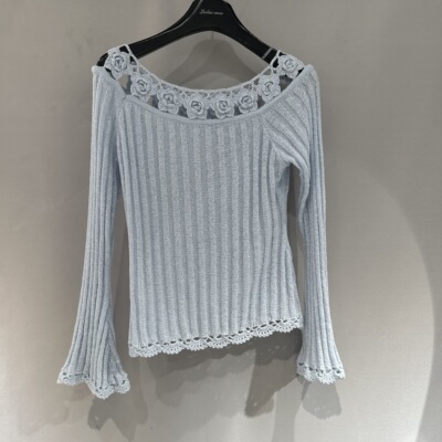 欧洲站2026春新款一字肩领镂空钩花修身显瘦纯欲风套头针织衫7002