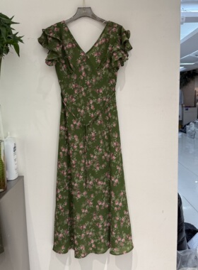 欧洲站2026夏季新款V领飞飞袖印花优雅气质度假款碎花连衣裙Q6707