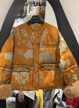 欧洲站2025秋冬新款新中式国风圆领提花拼狐狸毛鹅绒棉服女81213