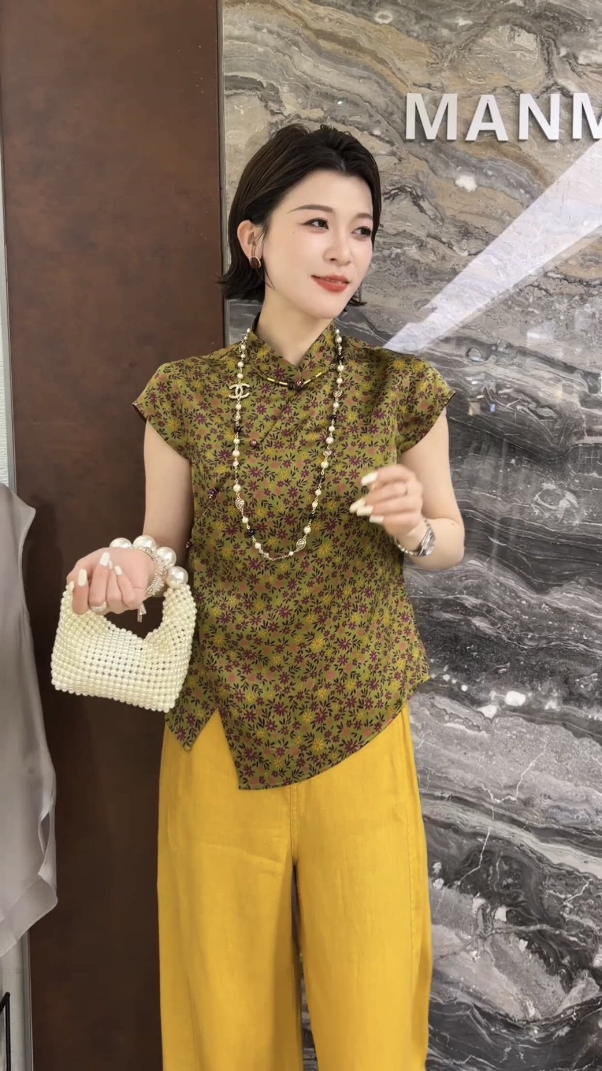 欧洲站2026夏季新款显瘦修身立领侧边盘扣复古花色新中式短袖上衣