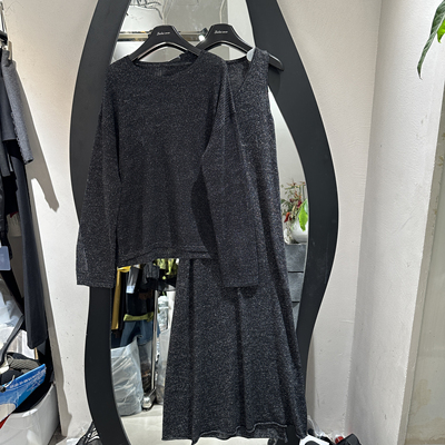 欧洲站2025秋季新款时尚圆领镂空针织上衣背心连衣裙套装女36282