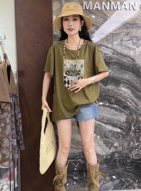 欧洲站2026夏季新款圆领宽松后背镂空拼接花色慵懒风大版T恤1071