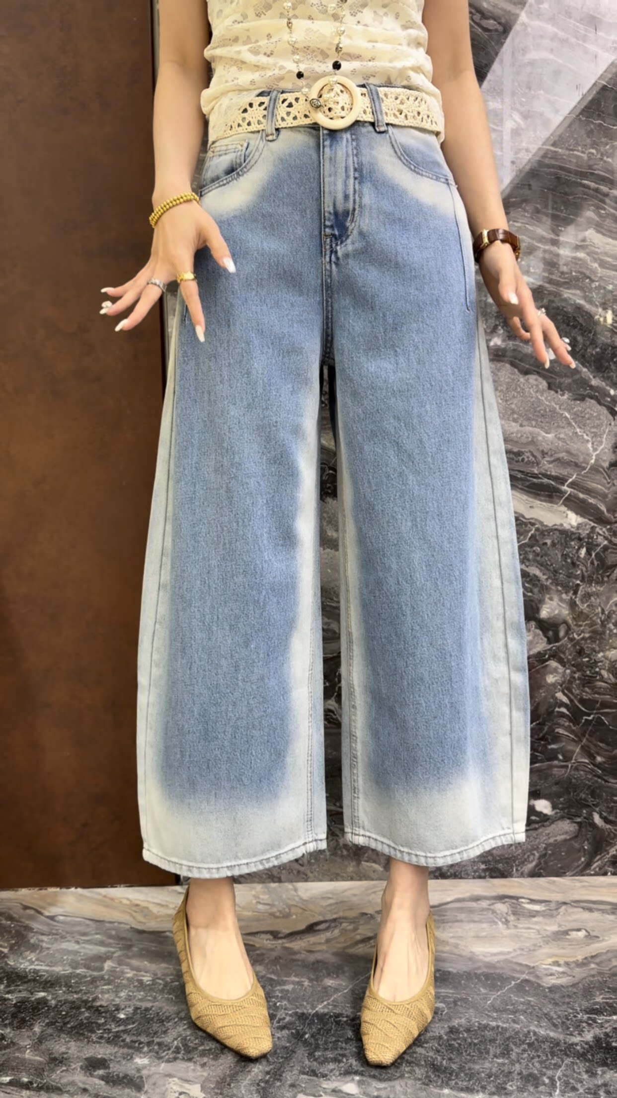 欧洲站2026春季新款时尚宽松百搭渐变色复古八分时髦牛仔阔腿裤女