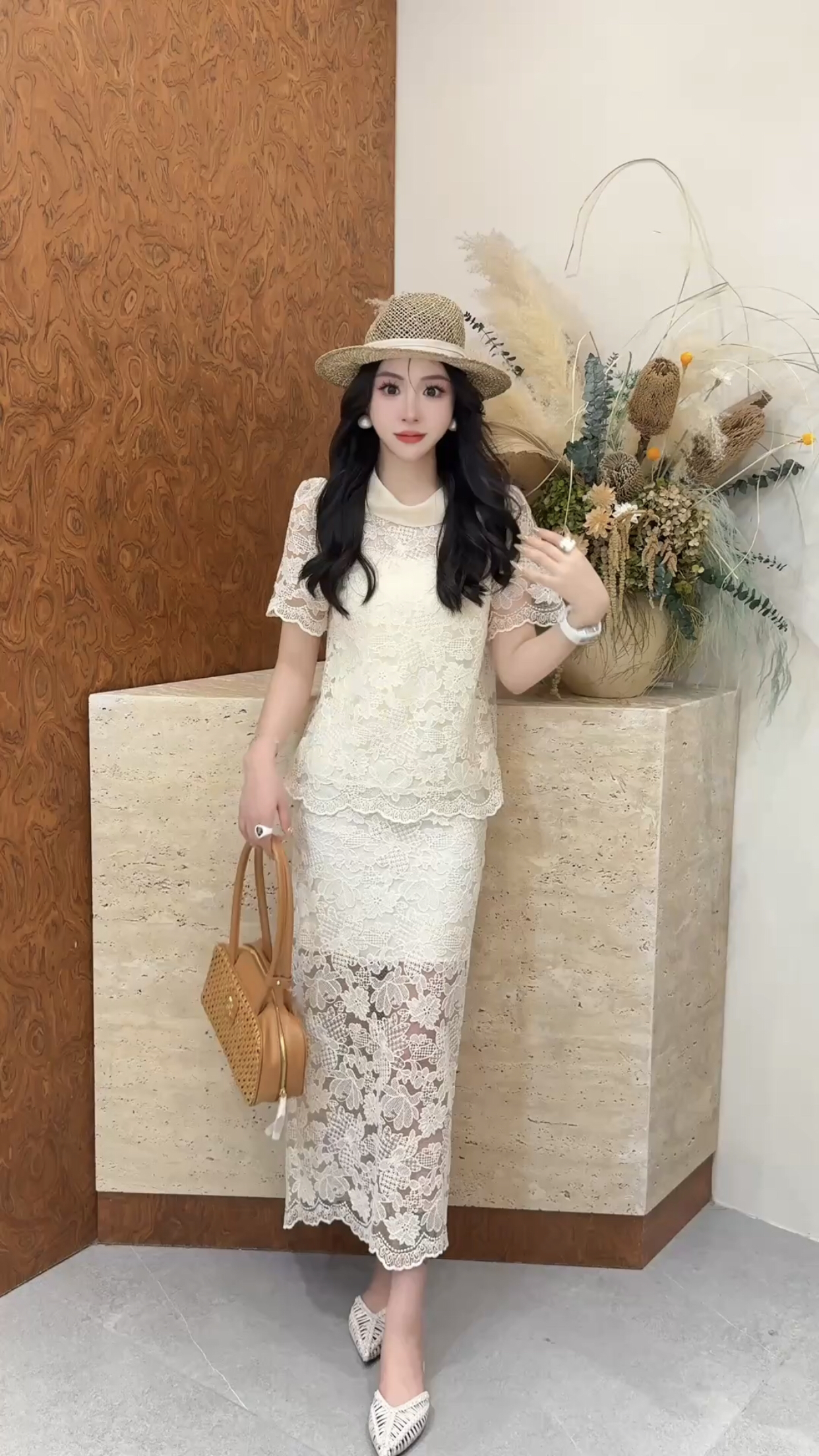欧洲站2026春夏新款韩系时尚圆领镂空蕾丝短袖T恤+半身裙套装女潮