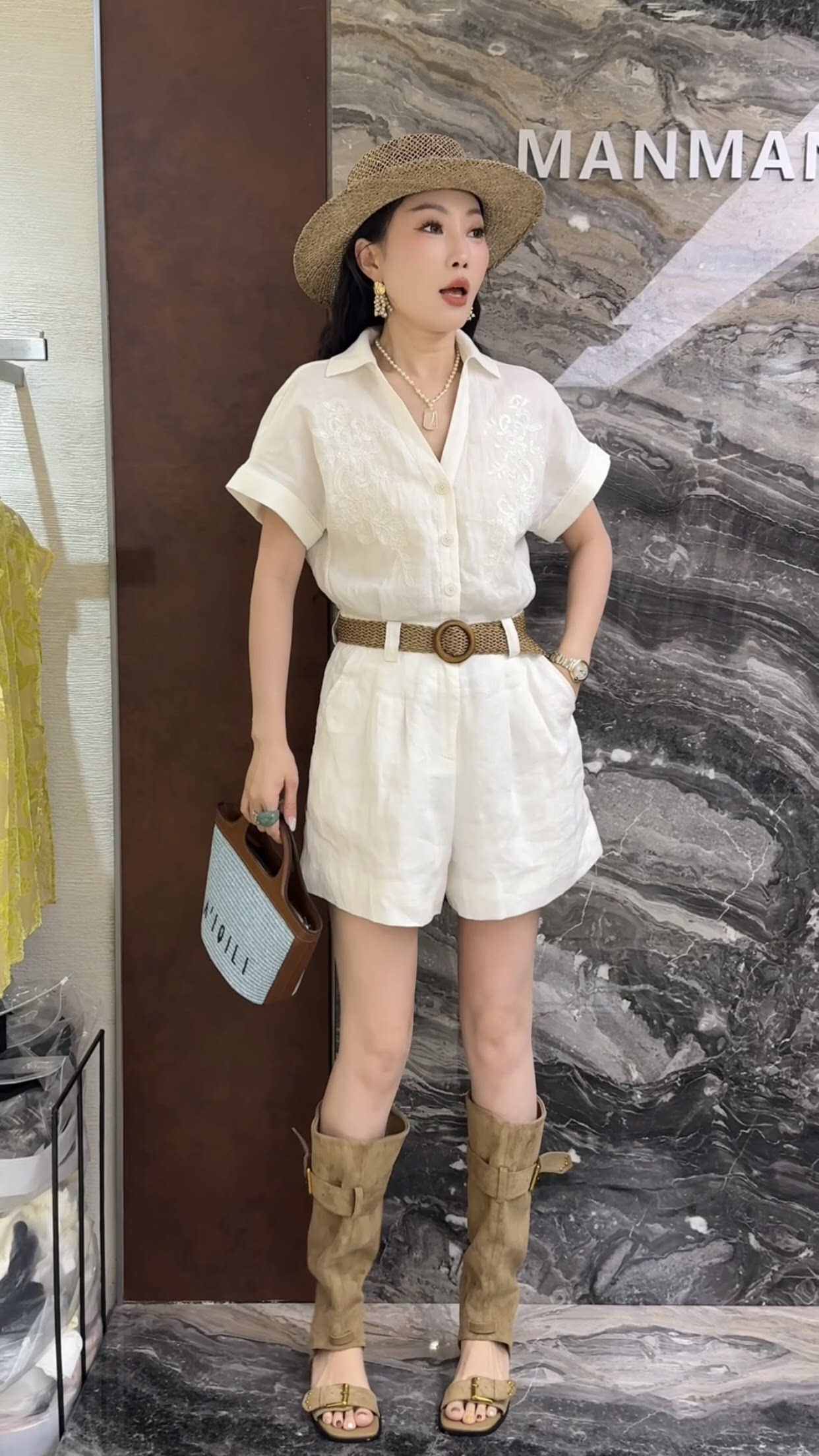 欧洲站2026夏季新款时尚刺绣翻领单排扣亚麻短袖连体裤女显瘦短裤