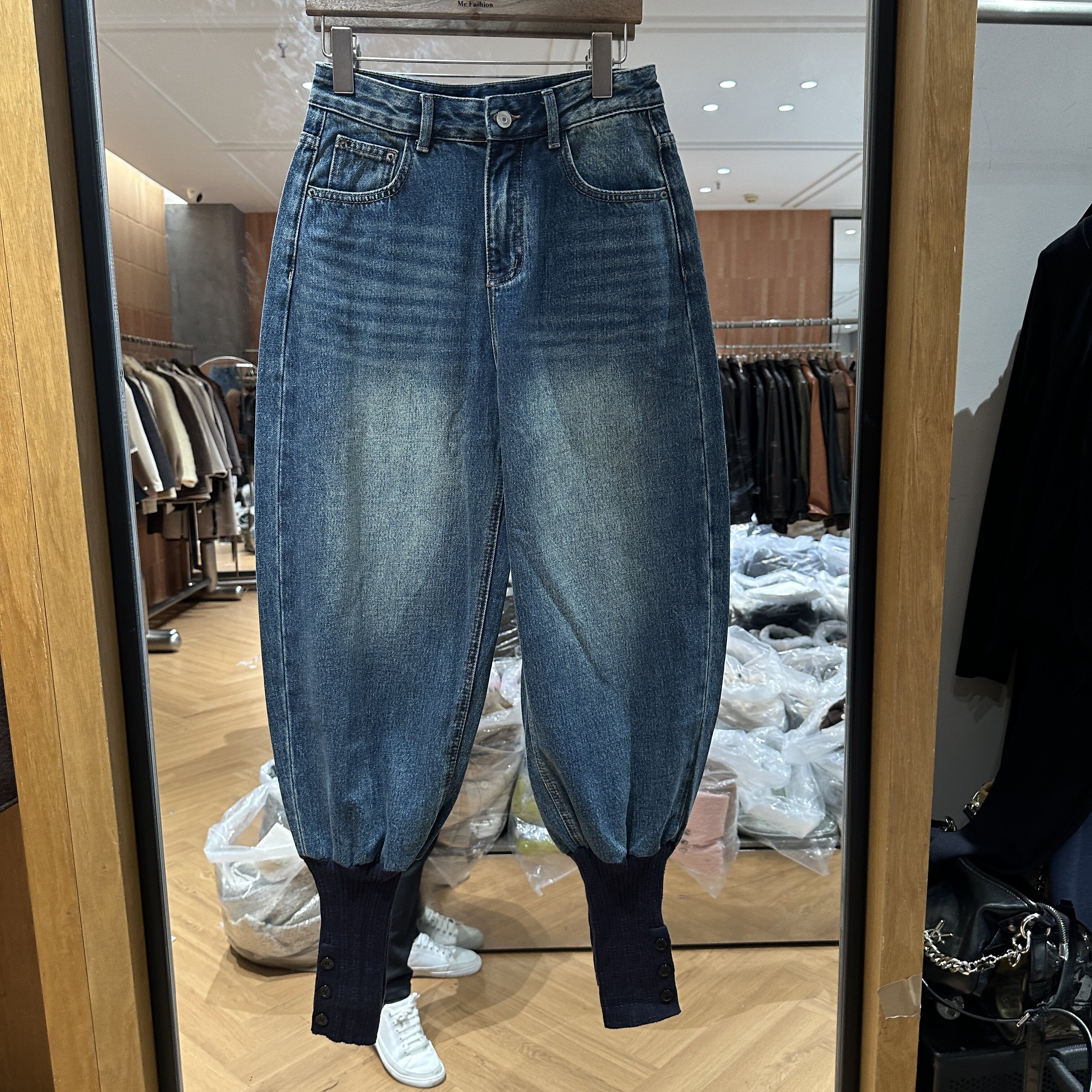 可可家欧货2026秋新品高腰显瘦百搭拼针织束脚款女士牛仔萝卜裤潮