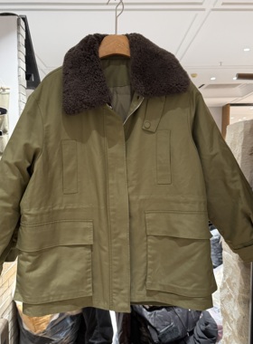 欧洲站2025冬季新款翻领宽松百搭绵羊绒皮毛一体保暖鹅绒服28086