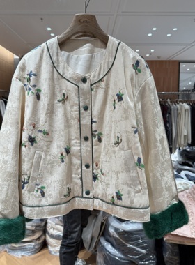 欧洲站2025冬季新款圆领单排扣刺绣钉珠设计感长袖鹅绒棉服25167