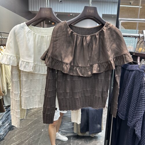 欧洲站2026秋季新品一字领荷叶边拼接显瘦减龄套头羊毛上衣90965