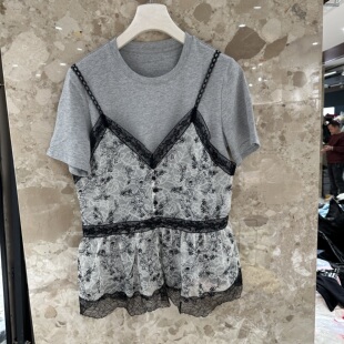 背心上衣26309 圆领刺绣花边蕾丝显瘦减龄短袖 欧洲站2026春季 新款