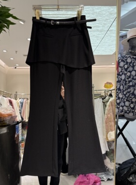 欧洲站2026春季新款高腰屁帘款女士腰带款黑色修身微喇裤女267213