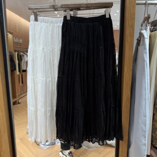 欧洲站2026春季新款松紧高腰蕾丝绣花甜美淑女风大裙摆网纱半身裙