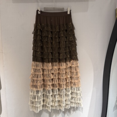 Xiu+春季2026新款松紧高腰荷叶边百搭洋气渐变色网纱蛋糕裙89371