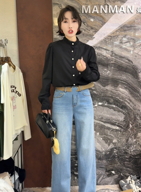 欧洲站2025冬季新款立领蕾丝拼接单排扣时尚百搭女士衬衫潮18211