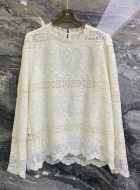 欧洲站2025冬季新款圆领镂空蕾丝拼接轻熟风百搭长袖打底衫68591
