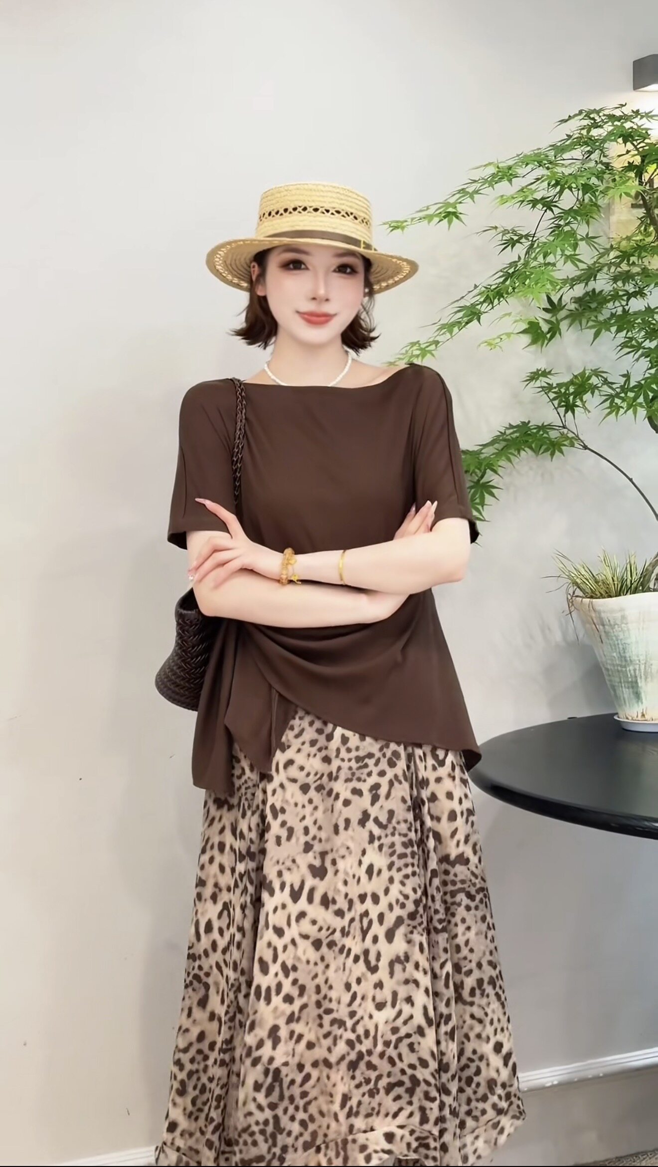 欧洲站2026夏季复古轻熟风高腰侧拉链洋气豹纹半身裙套装女82659