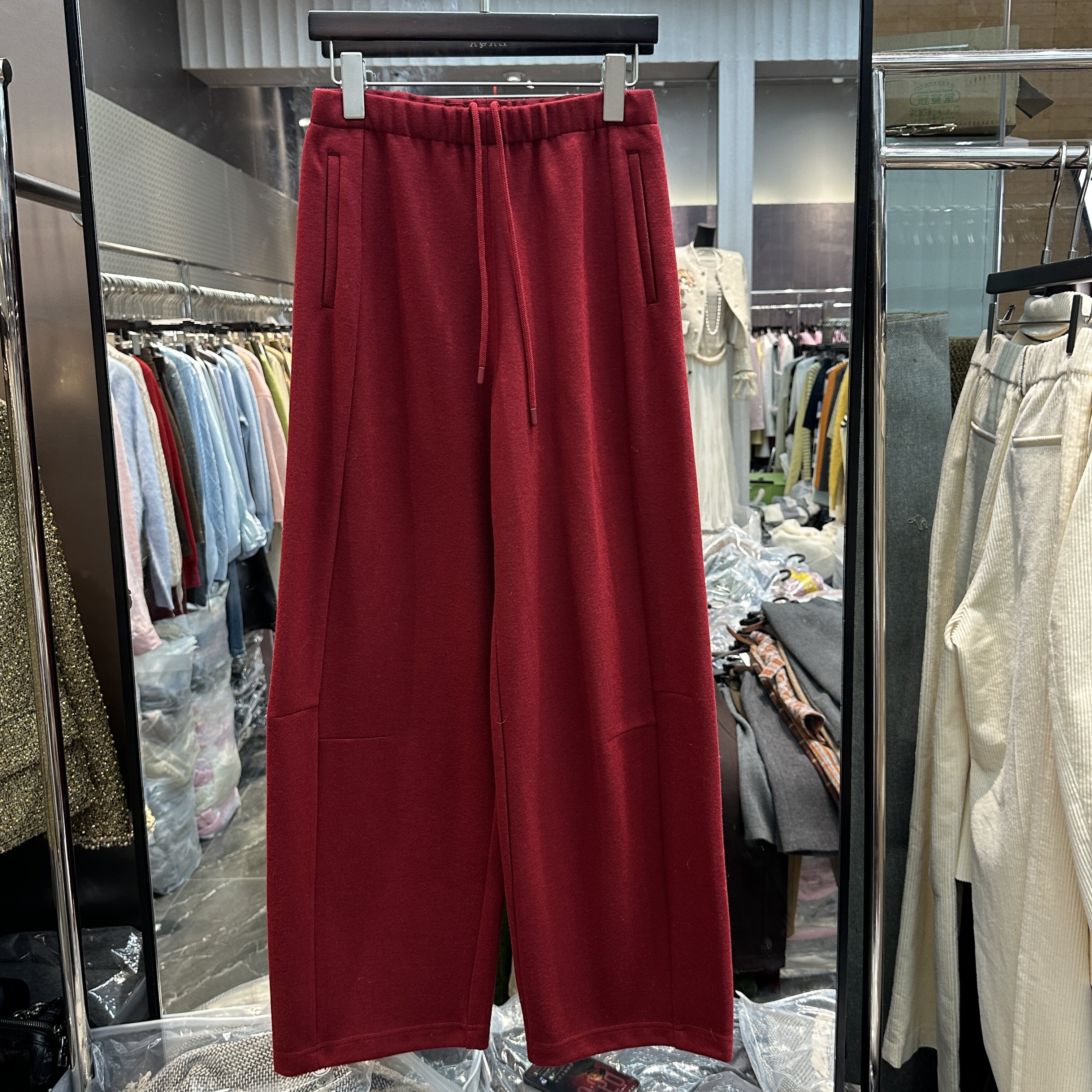 可可家欧货2026秋新品松紧高腰百搭显瘦简约垂感红色休闲阔腿裤女
