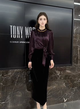 欧洲站2026秋季新款法式女人味领口串珠拼接旗袍修身假两件连衣裙