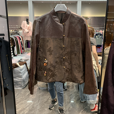 欧洲站2025秋季新款植绒提花显瘦单排扣复古风拼接绵羊皮外套W758