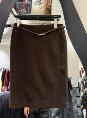 欧洲站2025秋冬新款高腰皮带款后开叉百搭中长款包臀半身裙25197