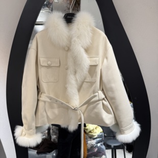 欧洲站2025冬季新款狐狸毛立领腰带收腰轻熟风百搭短款羽绒服外套