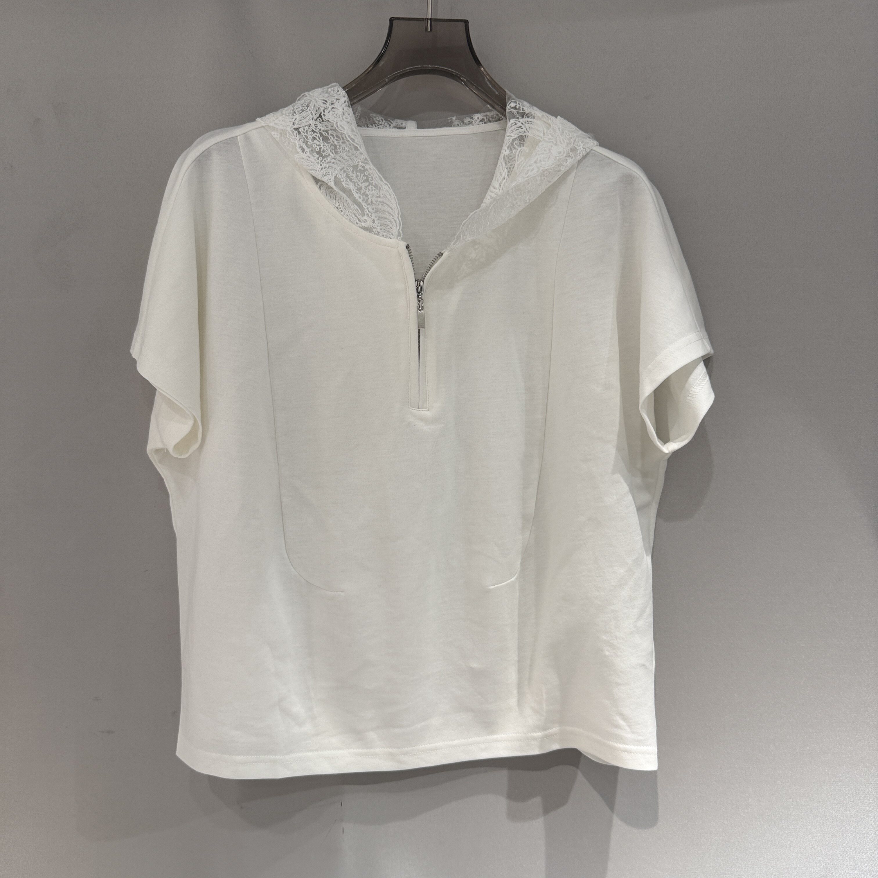 欧洲站2026春夏新款时尚蕾丝拼接连帽半拉链短袖女宽松百搭T恤331