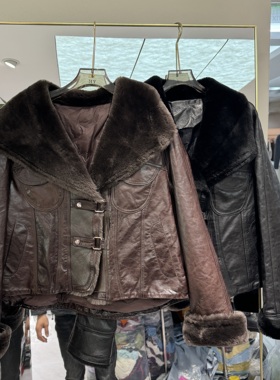 欧洲站2025冬季新款翻领宽松百搭小个子短款鹅绒皮草外套女25366