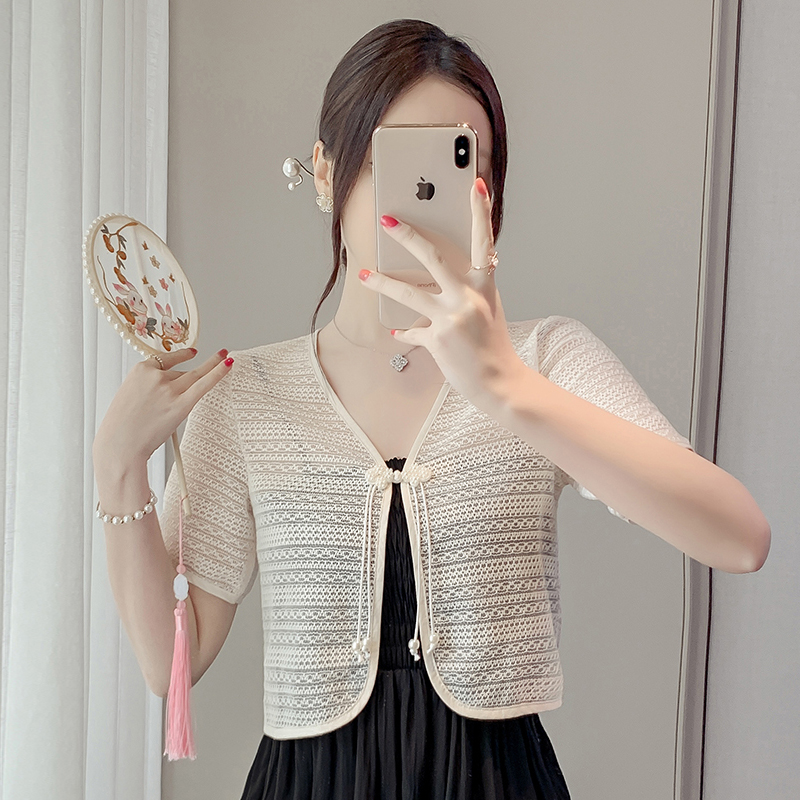 新中式国风蕾丝短袖衬衫女夏季短款盘扣披肩配吊带裙外搭防晒上衣