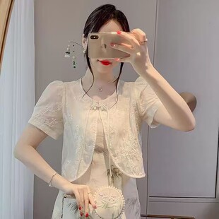 新中式国风盘扣短袖衬衫女夏季配吊带裙外搭防晒披肩短款上衣外套