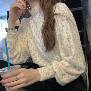 气质仙女磨毛蕾丝打底衫女秋冬季半高领洋气内搭小衫超仙上衣