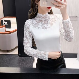 双面德绒洋气性感蕾丝打底衫女冬天保暖上衣冬季加厚保暖长袖女