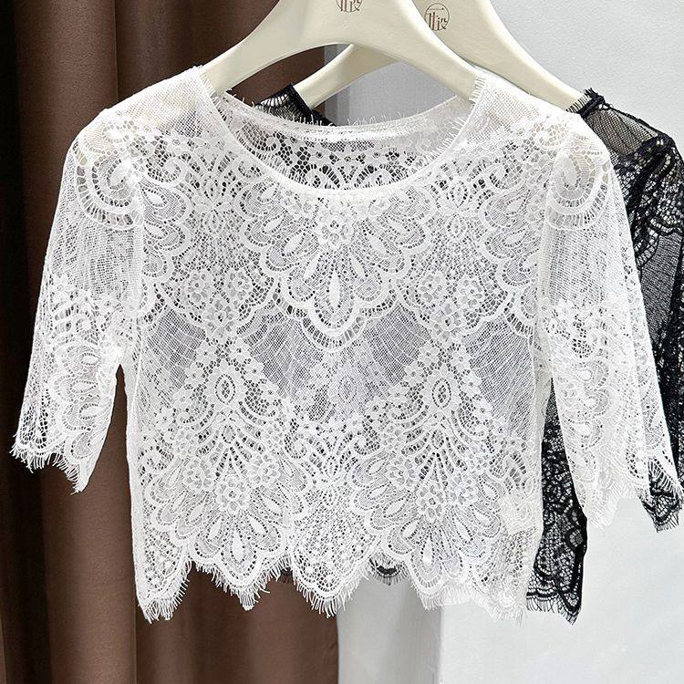 镂空罩衫网纱上衣薄款蕾丝短袖女夏吊带裙半截打底短款套头纱衣,女装/女士精品,蕾丝衫/雪纺衫,淘宝优惠券,粉丝福利购,淘宝优惠卷