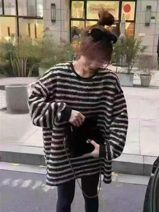 【小四专享】中长款条纹圆领无帽卫衣女款加厚宽松摇粒绒上衣