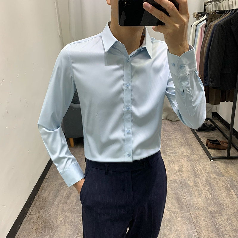 2026春季新款商务休闲长袖衬衫男士青年纯色寸衫韩版百搭潮流衬衣
